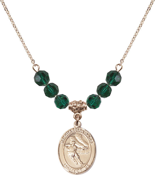 14kt Gold Filled Guardian Angel/Hockey Birthstone Necklace with Emerald Beads - 8704