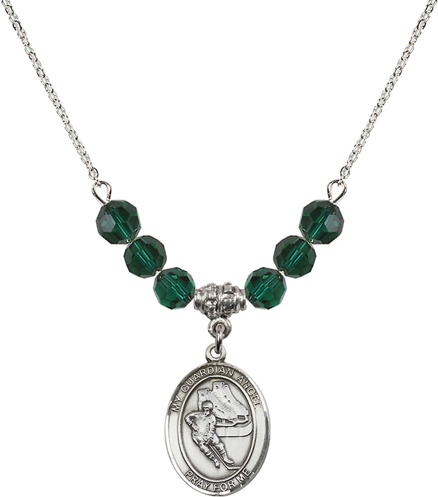 Sterling Silver Guardian Angel/Hockey Birthstone Necklace with Emerald Beads - 8704