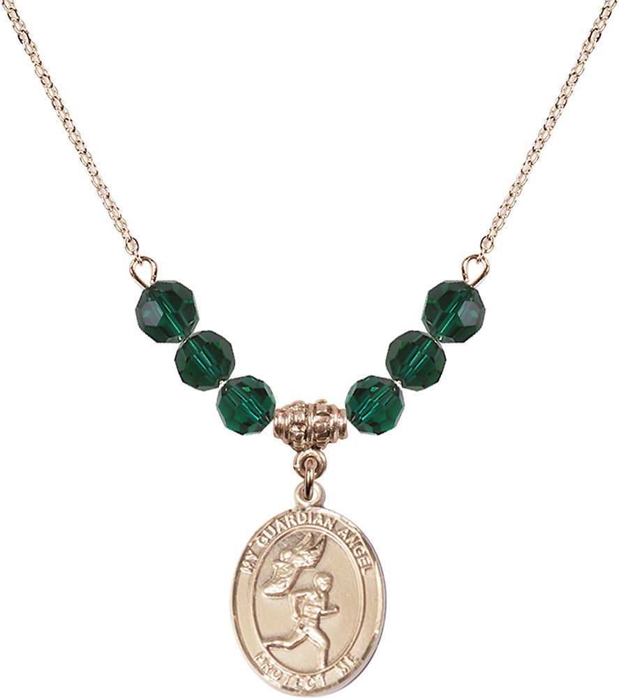 14kt Gold Filled Guardian Angel/Track&Field-Men Birthstone Necklace with Emerald Beads - 8709