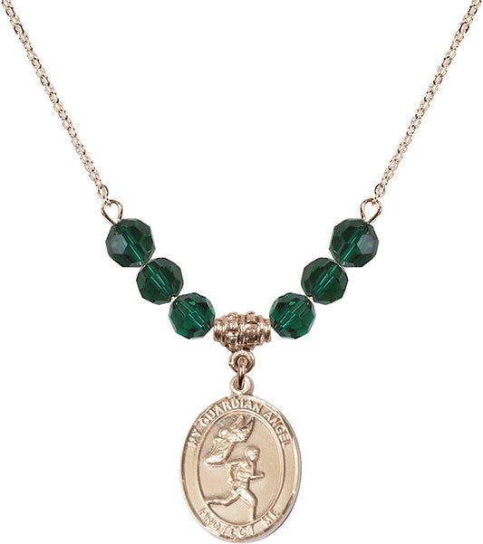 14kt Gold Filled Guardian Angel/Track&Field-Men Birthstone Necklace with Emerald Beads - 8709
