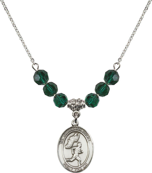 Sterling Silver Guardian Angel/Track&Field-Men Birthstone Necklace with Emerald Beads - 8709