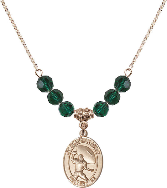14kt Gold Filled Guardian Angel/Track&Field-Women Birthstone Necklace with Emerald Beads - 8710