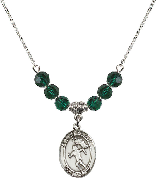 Sterling Silver Guardian Angel/Track&Field-Women Birthstone Necklace with Emerald Beads - 8710