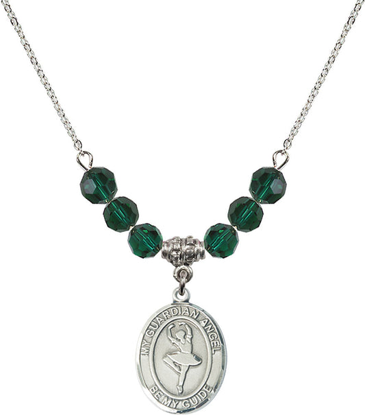 Sterling Silver Guardian Angel/Dance Birthstone Necklace with Emerald Beads - 8712