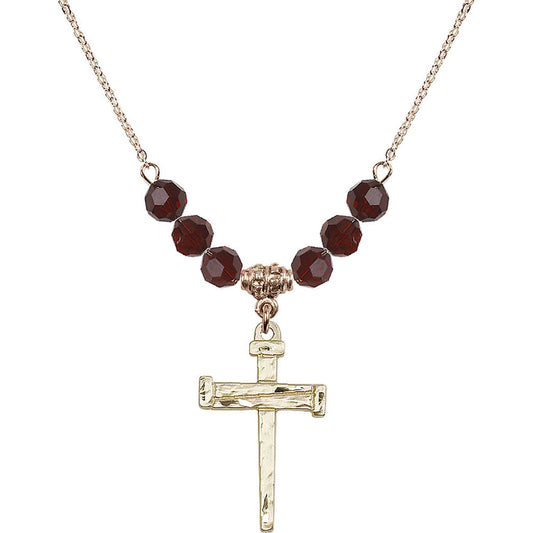 14kt Gold Filled Nail Cross Birthstone Necklace with Garnet Beads - 0013