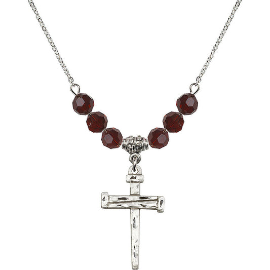 Sterling Silver Nail Cross Birthstone Necklace with Garnet Beads - 0013