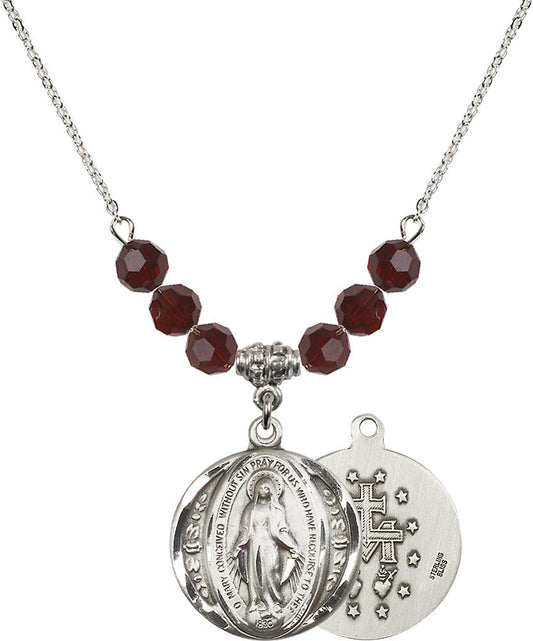 Sterling Silver Miraculous Birthstone Necklace with Garnet Beads - 0017