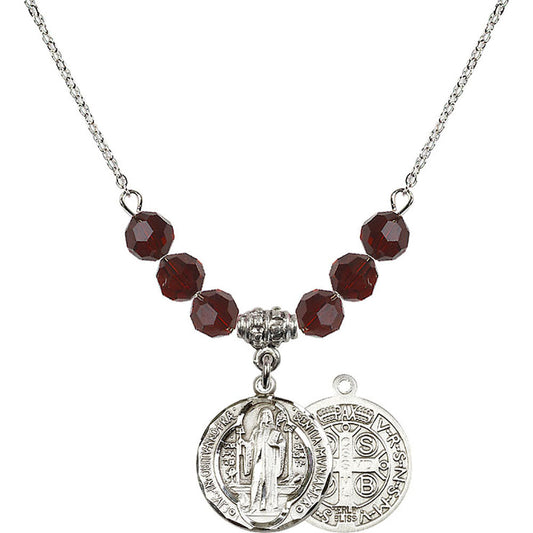 Sterling Silver Saint Benedict Birthstone Necklace with Garnet Beads - 0026