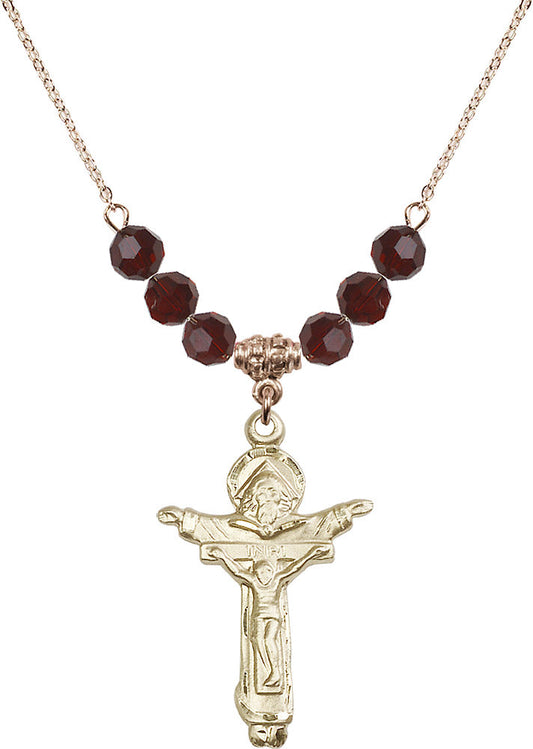 14kt Gold Filled Trinity Crucifix Birthstone Necklace with Garnet Beads - 0065