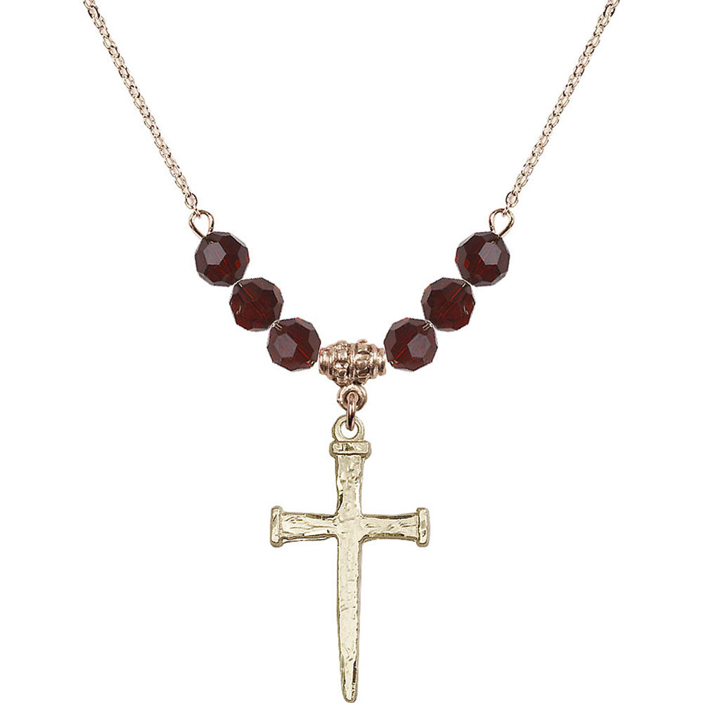 14kt Gold Filled Nail Cross Birthstone Necklace with Garnet Beads - 0085