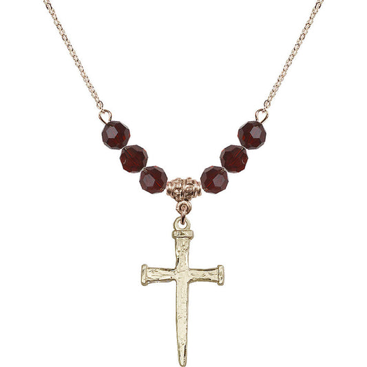 14kt Gold Filled Nail Cross Birthstone Necklace with Garnet Beads - 0085