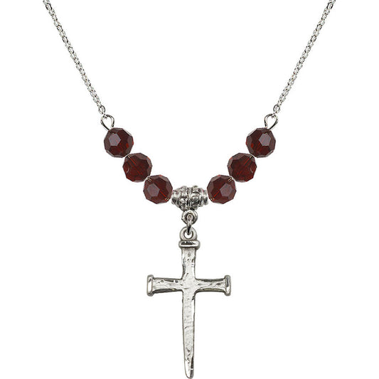 Sterling Silver Nail Cross Birthstone Necklace with Garnet Beads - 0085