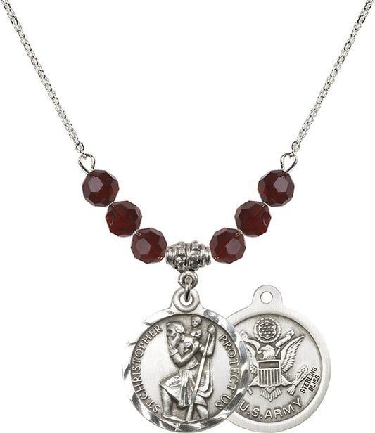 Sterling Silver Saint Christopher / Army Birthstone Necklace with Garnet Beads - 0192