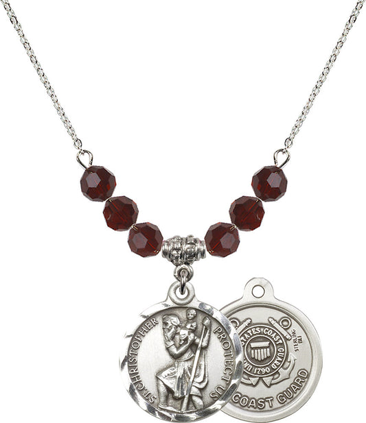 Sterling Silver Saint Christopher / Coast Guard Birthstone Necklace with Garnet Beads - 0192