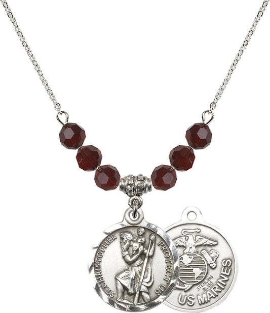 Sterling Silver Saint Christopher / Marines Birthstone Necklace with Garnet Beads - 0192