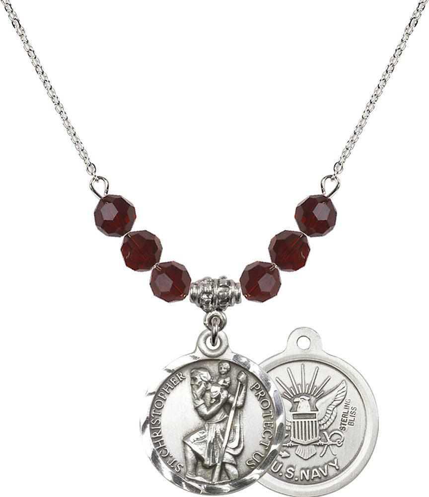 Sterling Silver Saint Christopher / Navy Birthstone Necklace with Garnet Beads - 0192