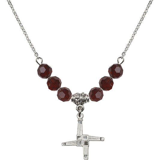 Sterling Silver Saint Brigid Cross Birthstone Necklace with Garnet Beads - 0290