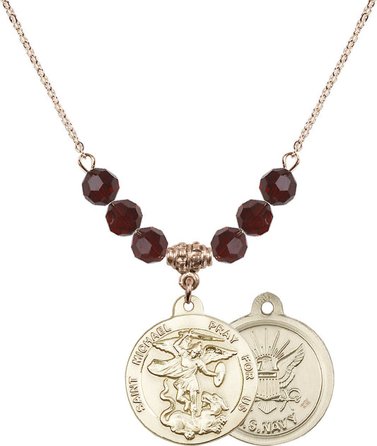 14kt Gold Filled Saint Michael / Navy Birthstone Necklace with Garnet Beads - 0342