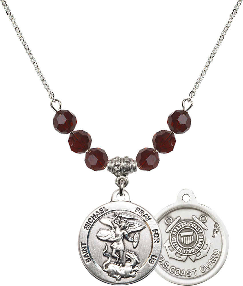 Sterling Silver Saint Michael / Coast Guard Birthstone Necklace with Garnet Beads - 0342