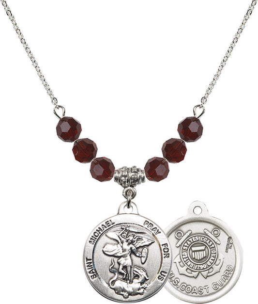Sterling Silver Saint Michael / Coast Guard Birthstone Necklace with Garnet Beads - 0342