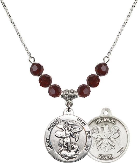 Sterling Silver Saint Michael / Nat'l Guard Birthstone Necklace with Garnet Beads - 0342