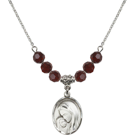 Sterling Silver Madonna & Child Birthstone Necklace with Garnet Beads - 0447