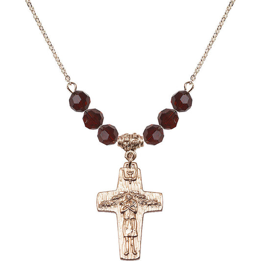 14kt Gold Filled Papal Crucifix Birthstone Necklace with Garnet Beads - 0569