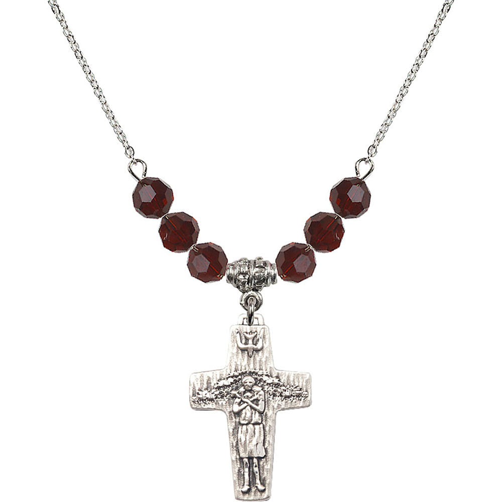 Sterling Silver Papal Crucifix Birthstone Necklace with Garnet Beads - 0569