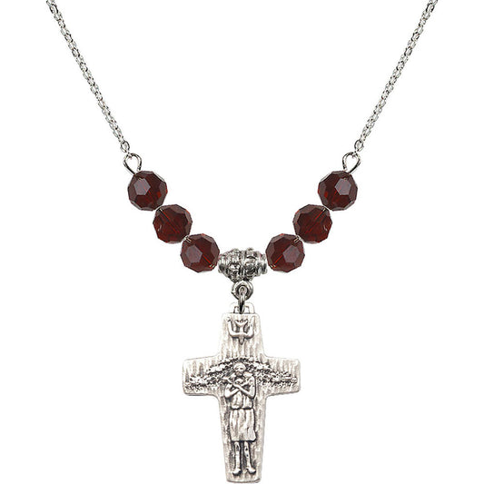 Sterling Silver Papal Crucifix Birthstone Necklace with Garnet Beads - 0569