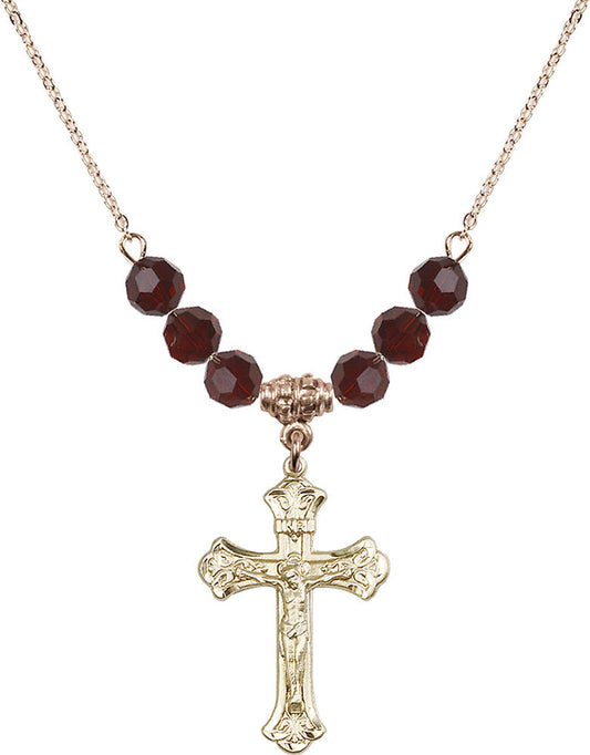 14kt Gold Filled Crucifix Birthstone Necklace with Garnet Beads - 0622