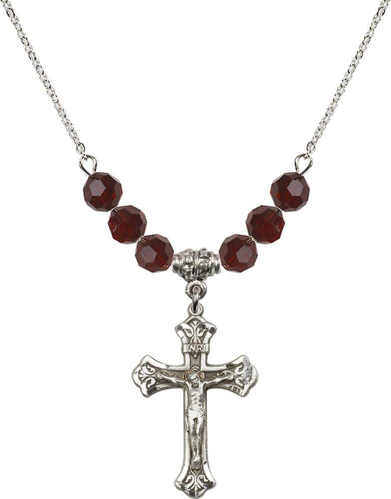 Sterling Silver Crucifix Birthstone Necklace with Garnet Beads - 0622