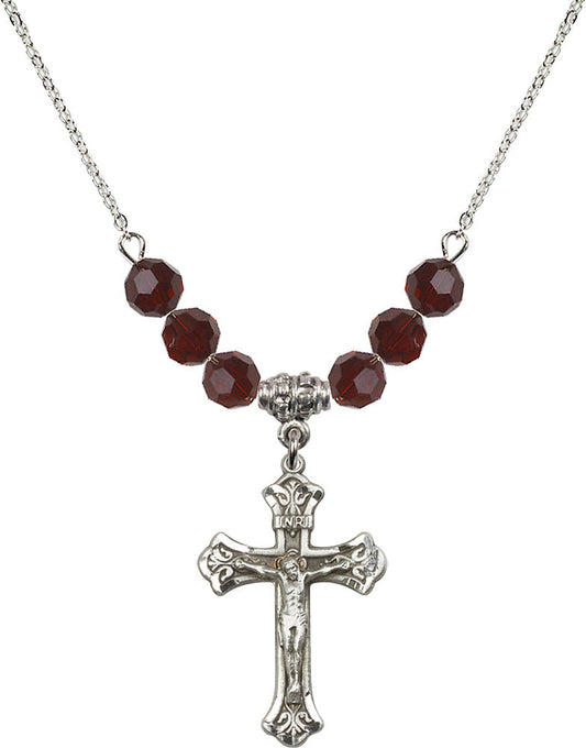 Sterling Silver Crucifix Birthstone Necklace with Garnet Beads - 0622