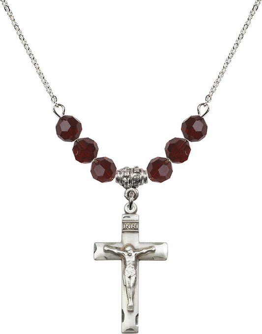 Sterling Silver Crucifix Birthstone Necklace with Garnet Beads - 0624