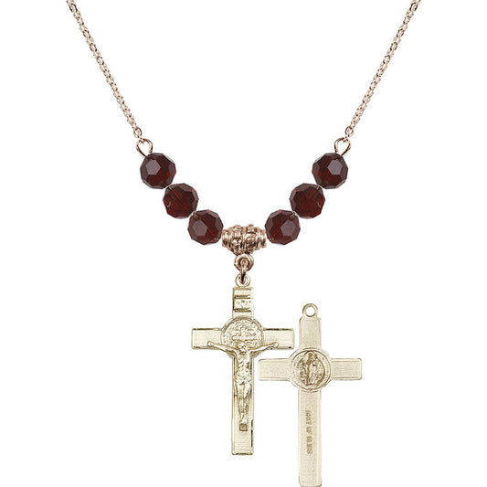 14kt Gold Filled Saint Benedict Crucifix Birthstone Necklace with Garnet Beads - 0625