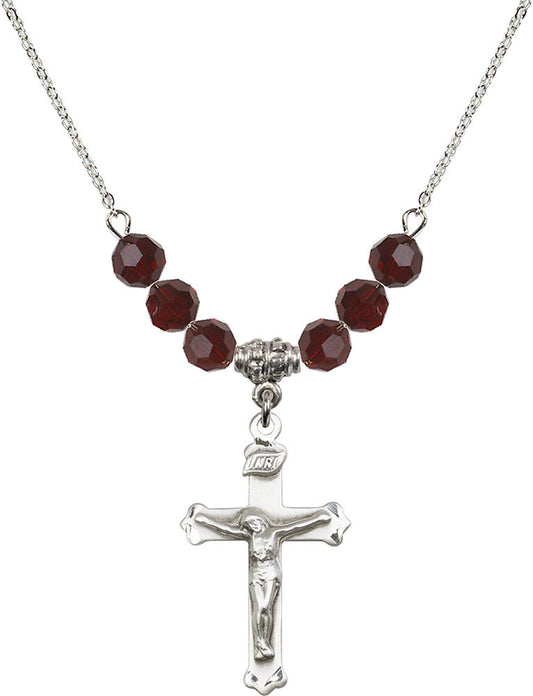 Sterling Silver Crucifix Birthstone Necklace with Garnet Beads - 0651