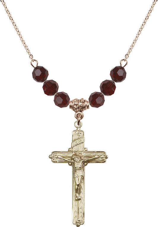 14kt Gold Filled Crucifix Birthstone Necklace with Garnet Beads - 0655