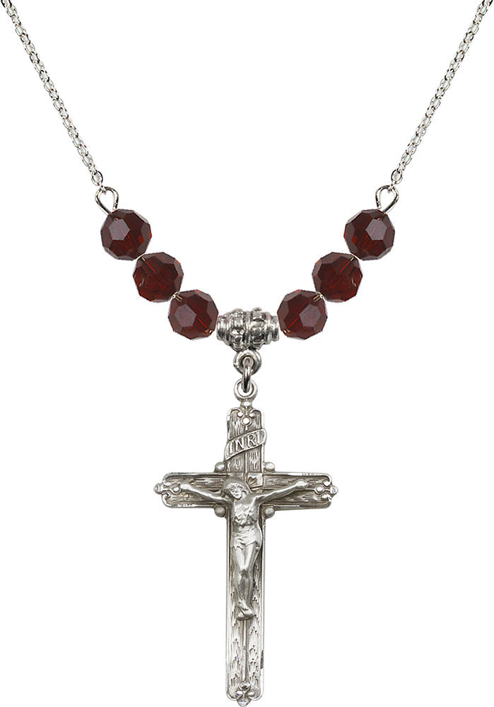 Sterling Silver Crucifix Birthstone Necklace with Garnet Beads - 0655