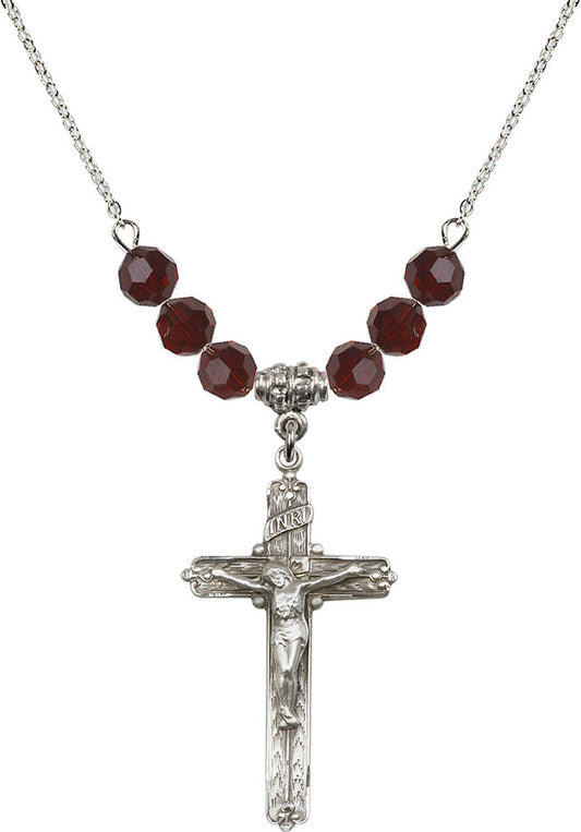 Sterling Silver Crucifix Birthstone Necklace with Garnet Beads - 0655