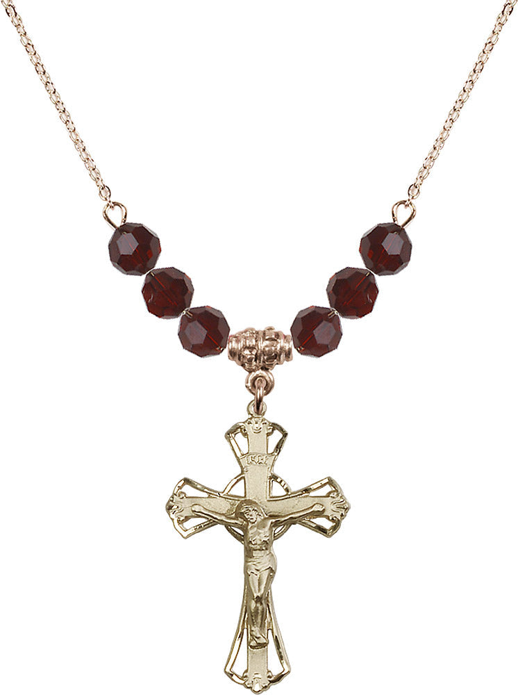 14kt Gold Filled Crucifix Birthstone Necklace with Garnet Beads - 0659
