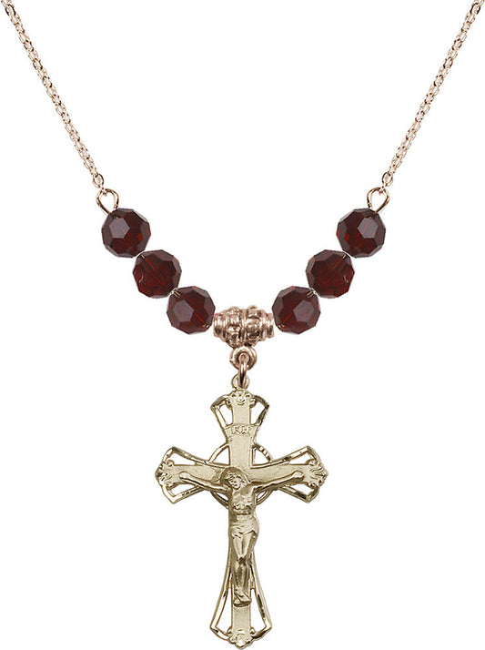 14kt Gold Filled Crucifix Birthstone Necklace with Garnet Beads - 0659
