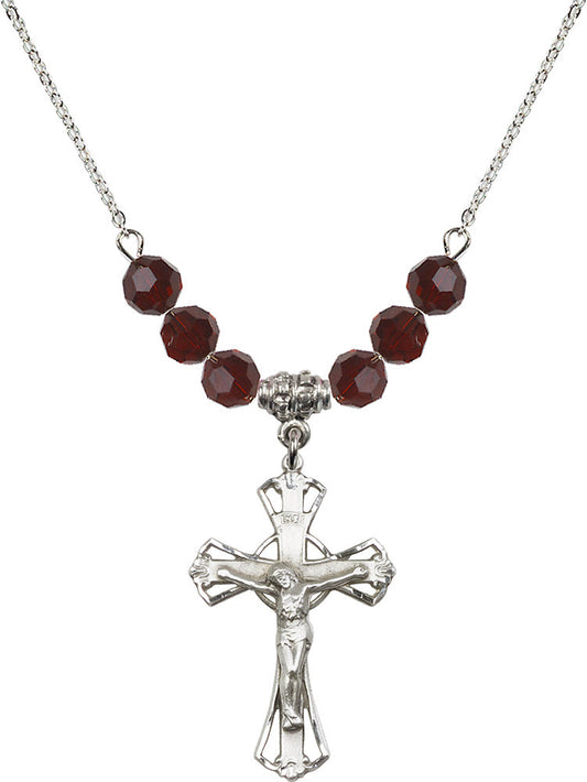 Sterling Silver Crucifix Birthstone Necklace with Garnet Beads - 0659