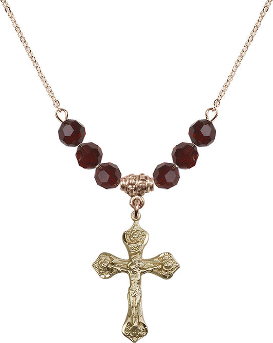 14kt Gold Filled Crucifix Birthstone Necklace with Garnet Beads - 0662