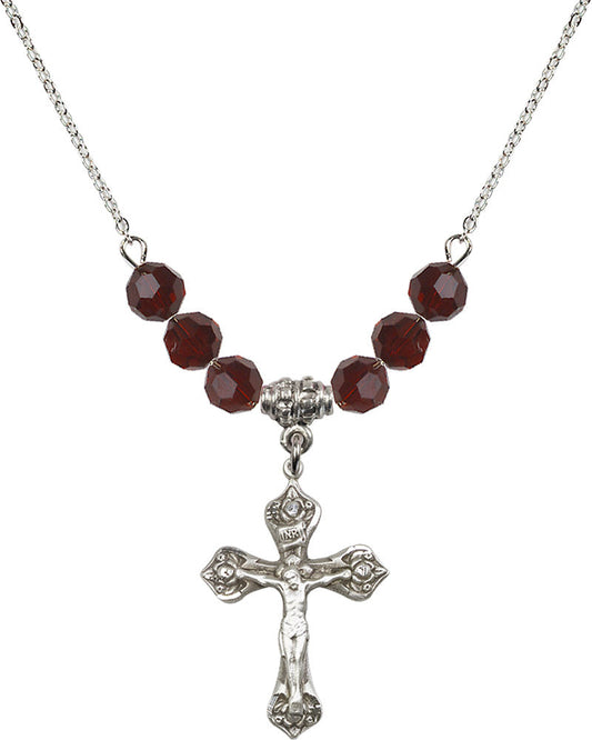 Sterling Silver Crucifix Birthstone Necklace with Garnet Beads - 0662