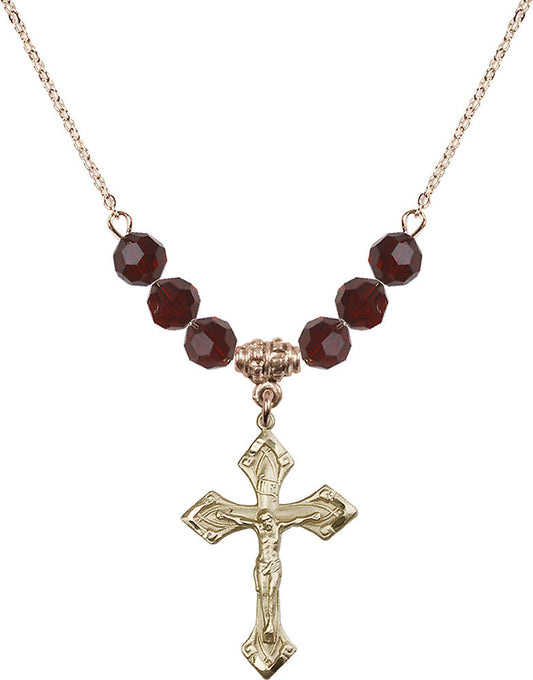 14kt Gold Filled Crucifix Birthstone Necklace with Garnet Beads - 0663