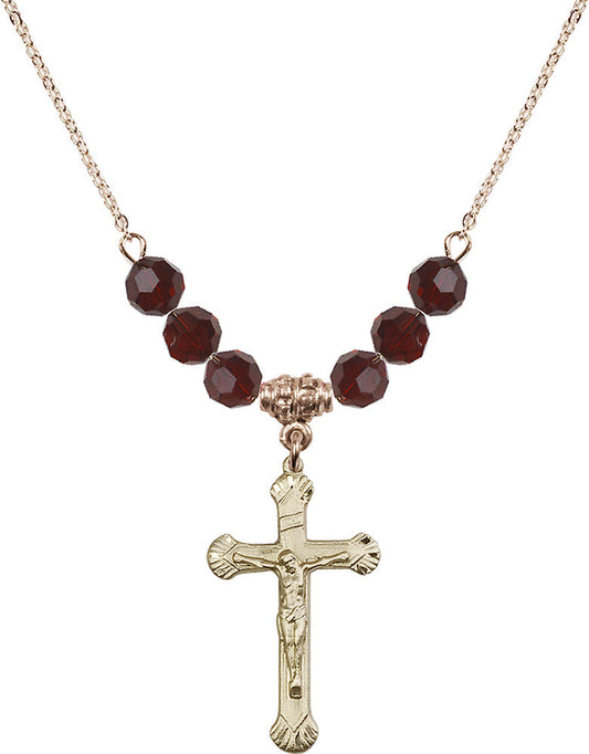 14kt Gold Filled Crucifix Birthstone Necklace with Garnet Beads - 0664