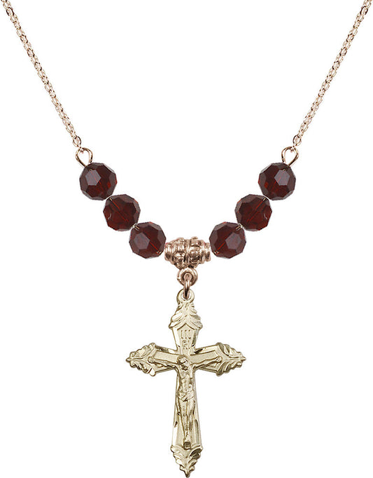 14kt Gold Filled Crucifix Birthstone Necklace with Garnet Beads - 0665