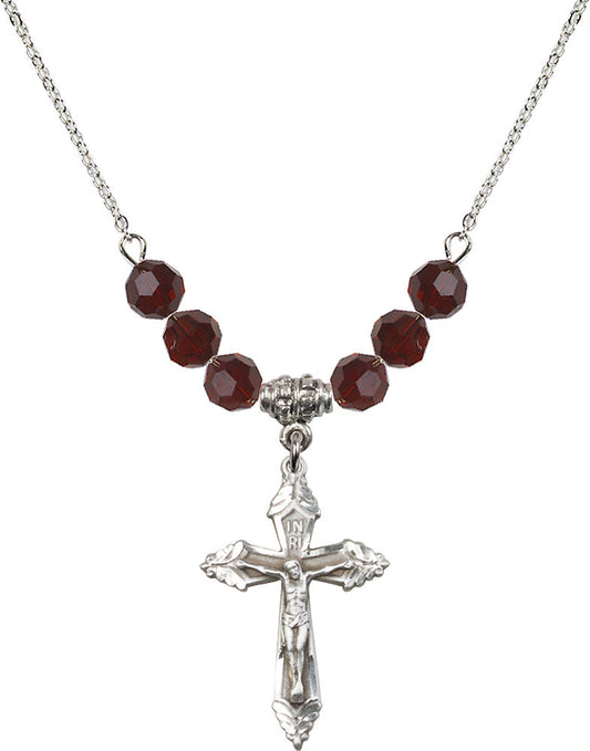 Sterling Silver Crucifix Birthstone Necklace with Garnet Beads - 0665