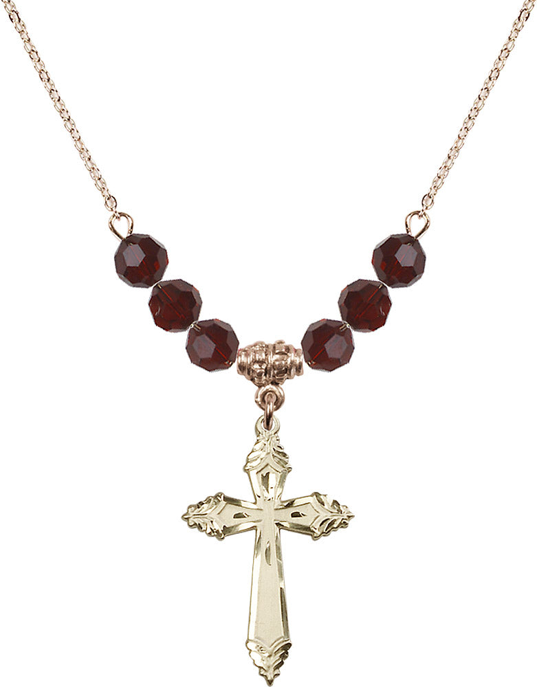 14kt Gold Filled Cross Birthstone Necklace with Garnet Beads - 0665