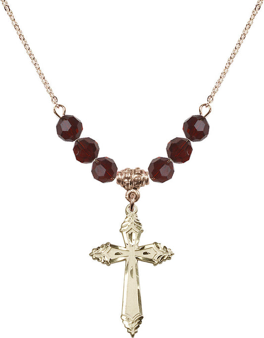 14kt Gold Filled Cross Birthstone Necklace with Garnet Beads - 0665