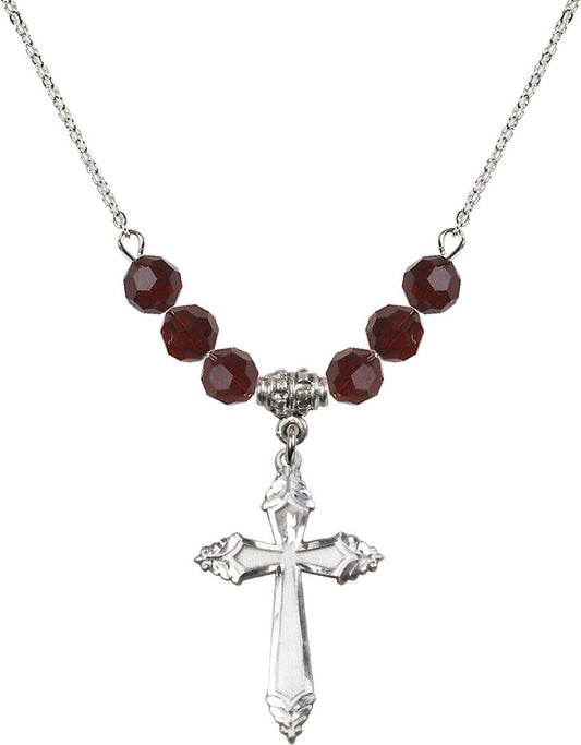 Sterling Silver Cross Birthstone Necklace with Garnet Beads - 0665